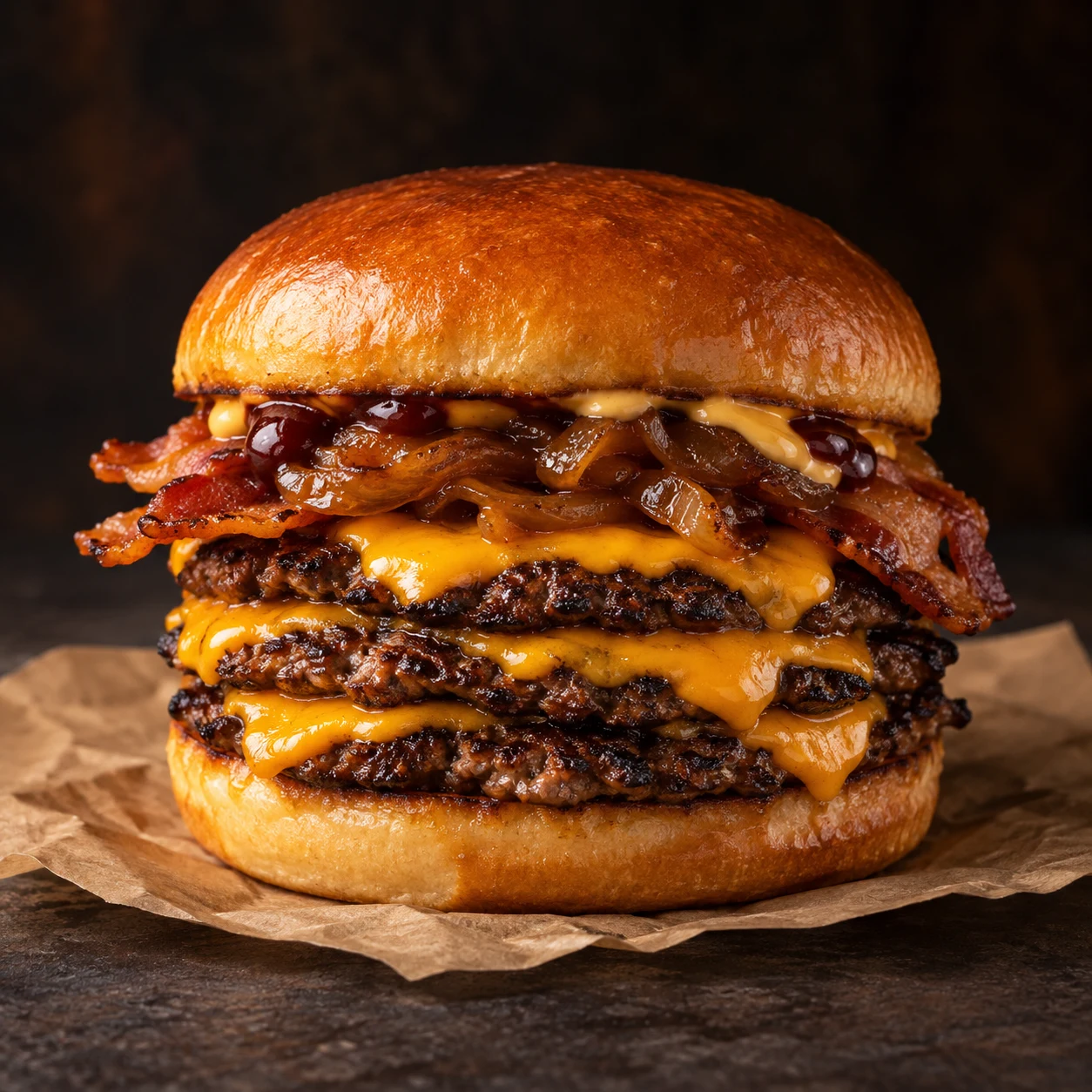 hamburguesa triple con cheddar, bacon y cebolla caramelizada