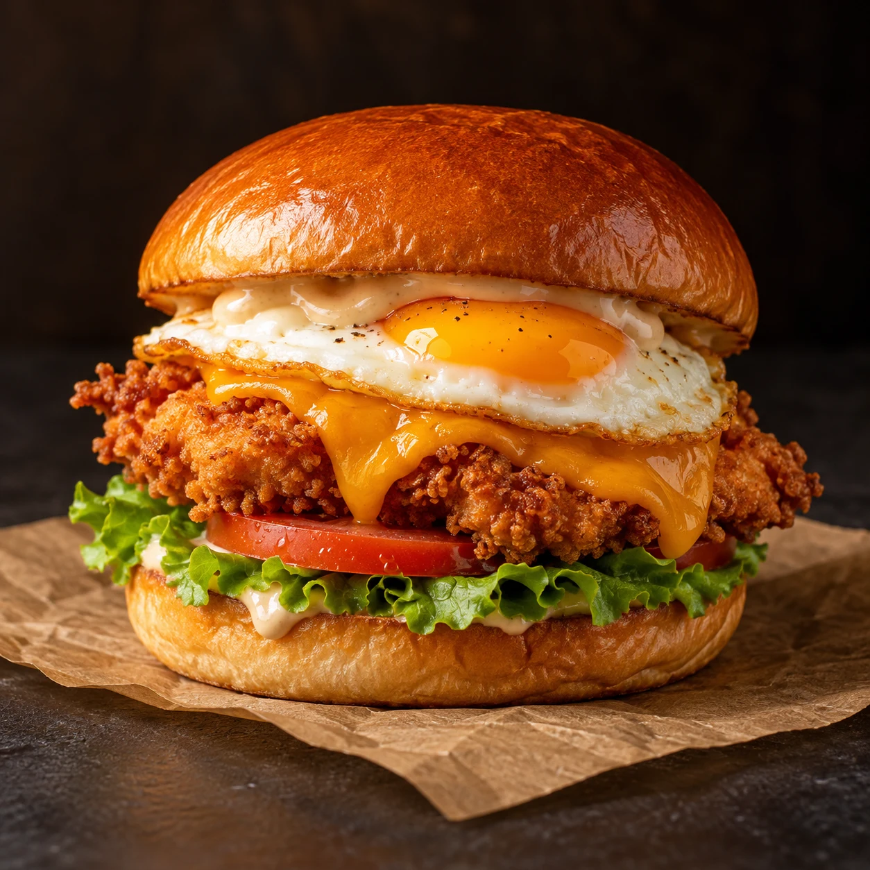 hamburguesa de pollo crujiente con lechuga, tomate, huevo frito y cheddar
