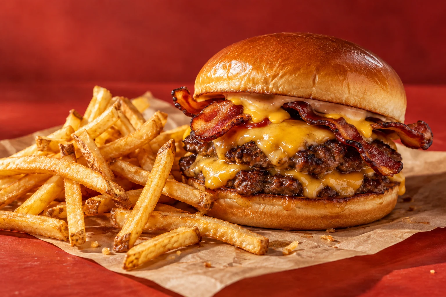 hamburguesa doble con cheddar y bacon, con patatas como acompañamiento visual